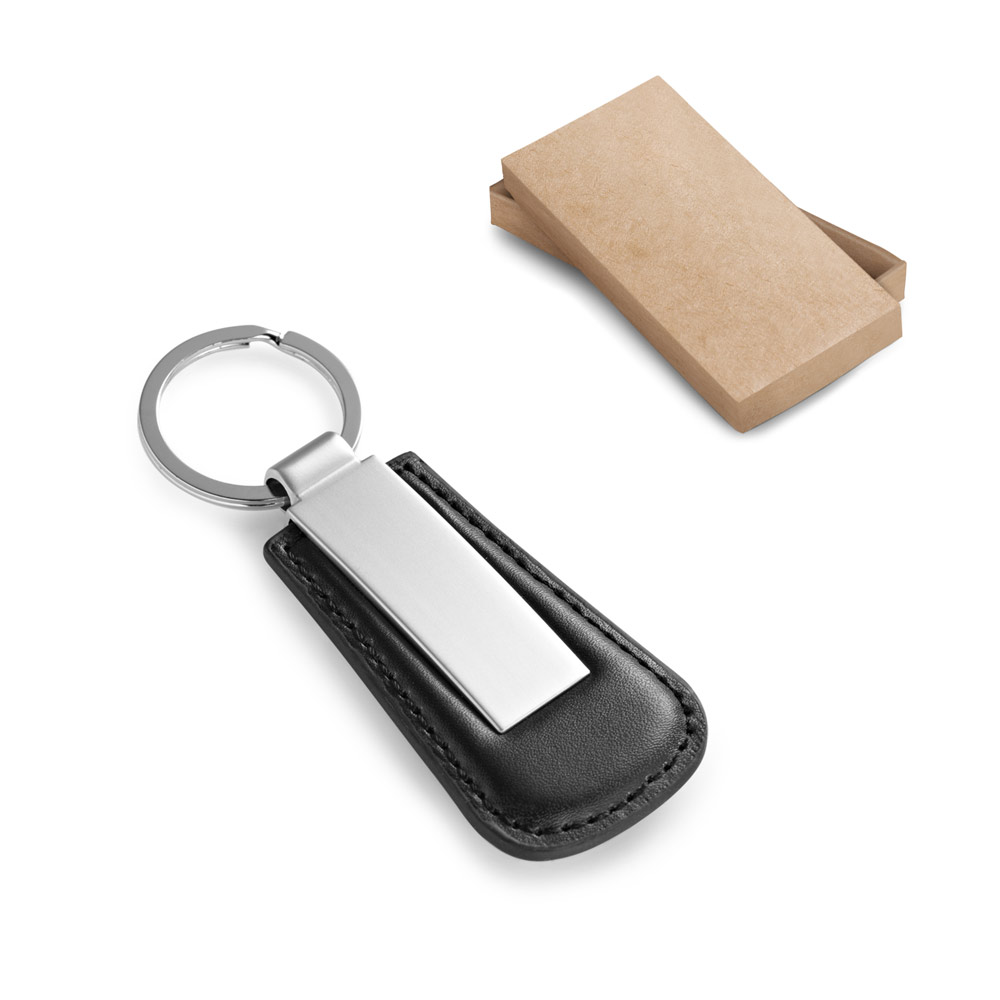 Chaveiro de Metal e Couro Sintético Personalizado com Caixa: AL93171