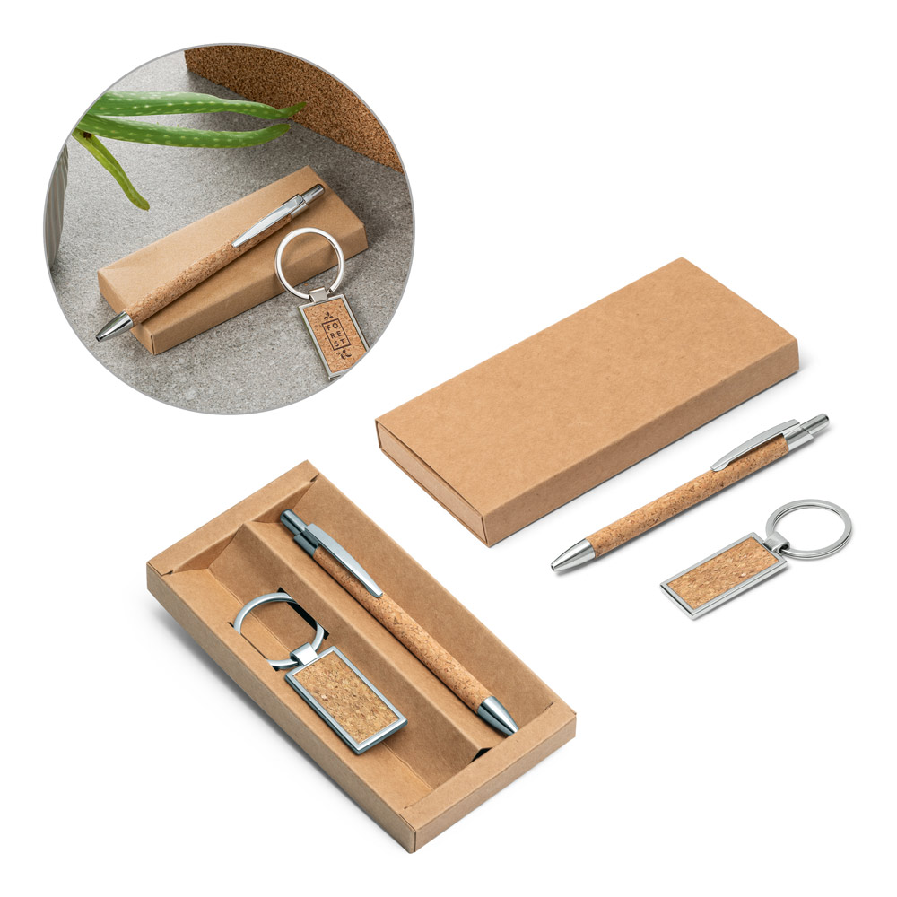 Kit de Caneta e Chaveiro em Metal e Cortiça Personalizado: AL93324