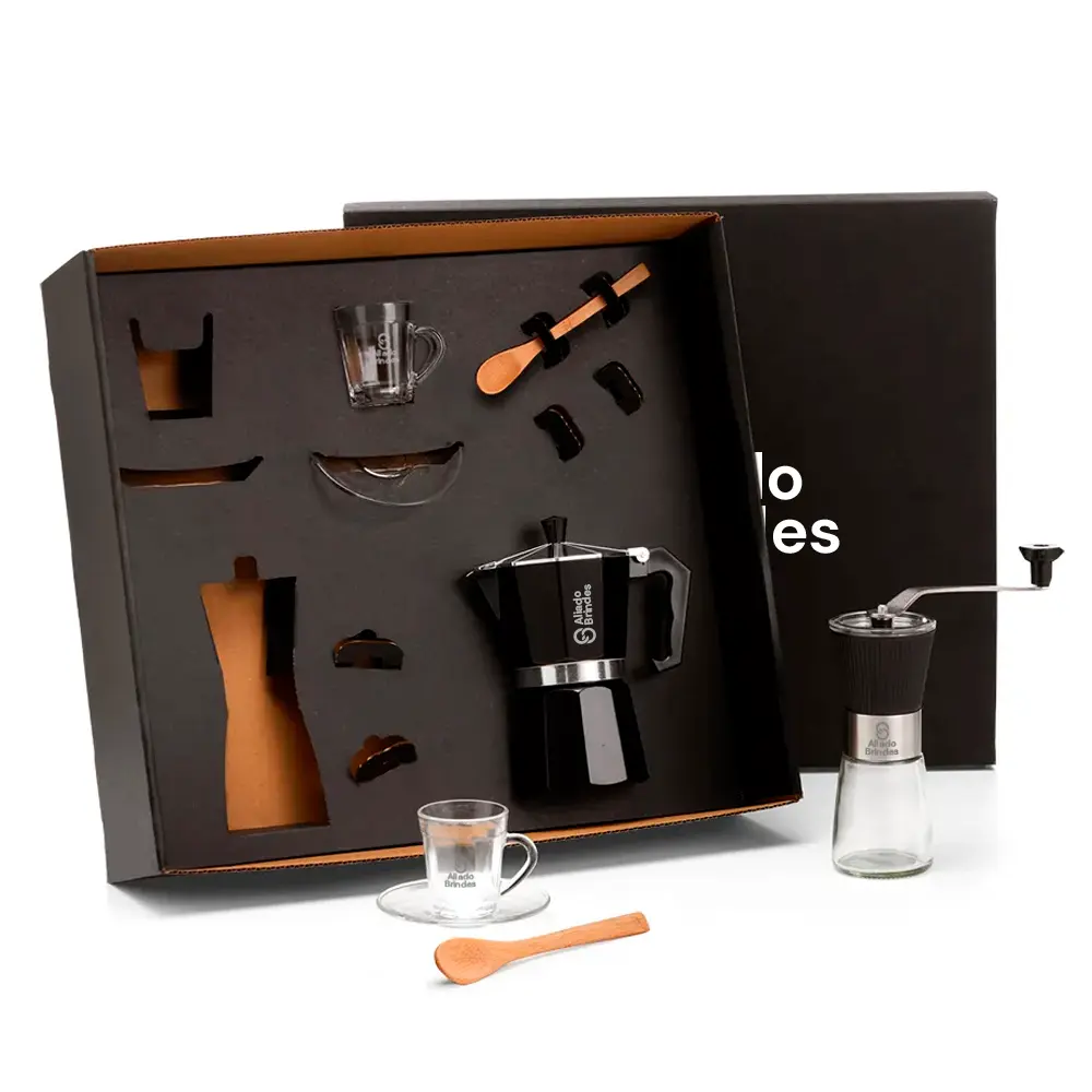 Kit Para Café com Cafeteira Italiana e Moedor - 6 Pçs Personalizado: AL112