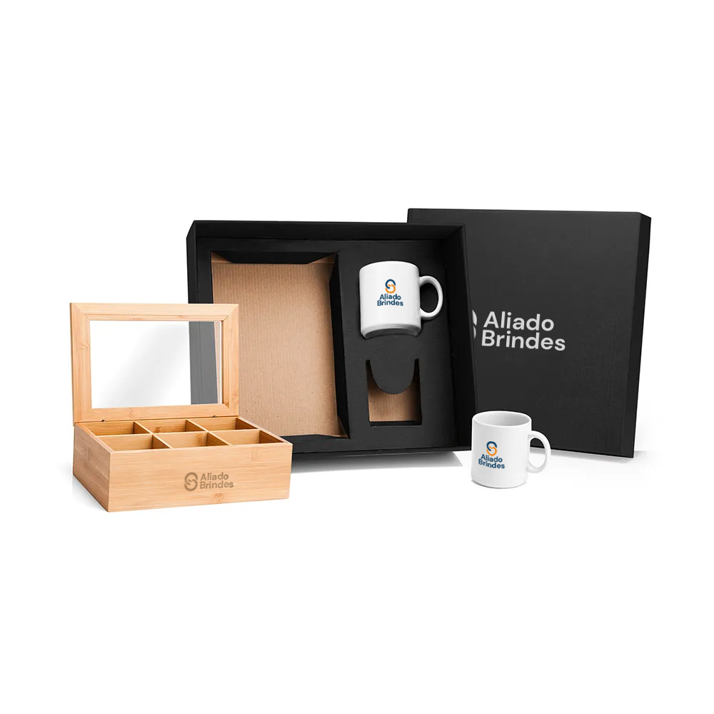 Kit Chá em Bambu e Canecas de Porcelana: AL157